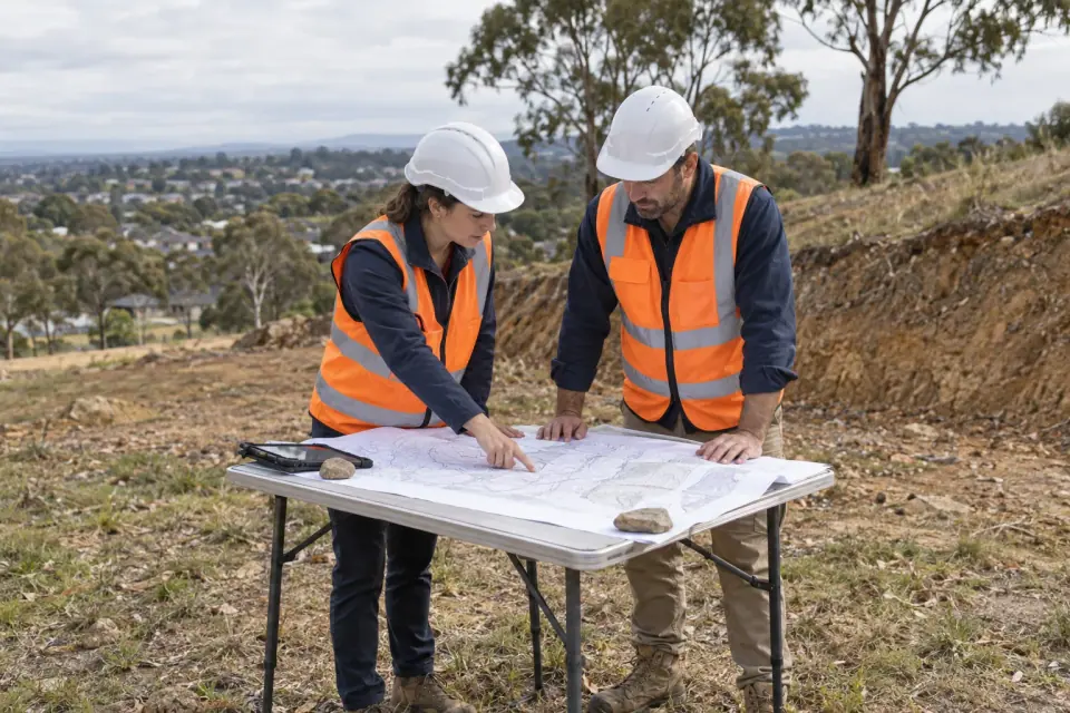 Illustrative engineers reviewing ground information